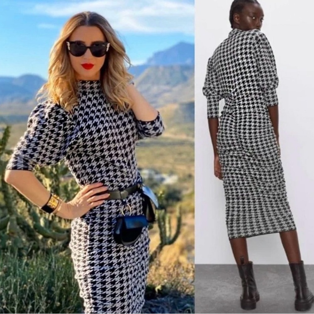 Zara Jacquard Ruched Draped Houndstooth Dress - Picture 4 of 16